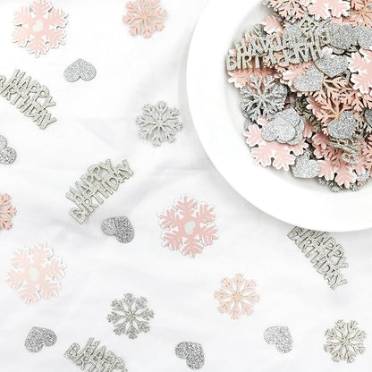 Pink Snowflake Birthday Confetti for Table – 200PC Glitter Heart Snowflakes Table Scatter for Girl Winter Wonderland Birthday Decorations