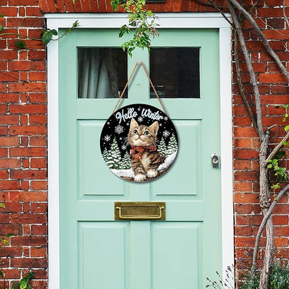 Hello Winter Cat Front Door Sign Winter Kitty Kitten Pine Tree Round Wood Sign 12x12in Winter Decorations Cat door hanger Christmas Winter Wreath Wall Hanging Welcome Sign for Outdoor Outside Porch