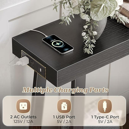 Huuger Entryway Console Table with Charging Station, USB-C Port, 47.2 Inch Sofa Table with Metal Legs, Entry Hallway Table with Thicker Desktop, Modern Behind Couch Table, Black