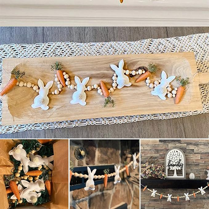 Easter Bunny Carrot Garlands, 27.5'' 3D Wooden Beads Rabbit Easter Banner Decorations, Rabbit Spring Decor Hanging Ornaments (White Orange, One Size)
