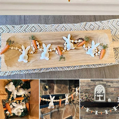 Easter Bunny Carrot Garlands, 27.5'' 3D Wooden Beads Rabbit Easter Banner Decorations, Rabbit Spring Decor Hanging Ornaments (White Orange, One Size)