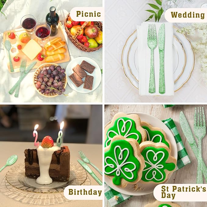 150 PCS Green Plastic Silverware, Green Glitter Plastic Utensils - 50 Forks, 50 Knives, 50 Spoons for Birthday, Baby Shower, Picnic, Graduation Party
