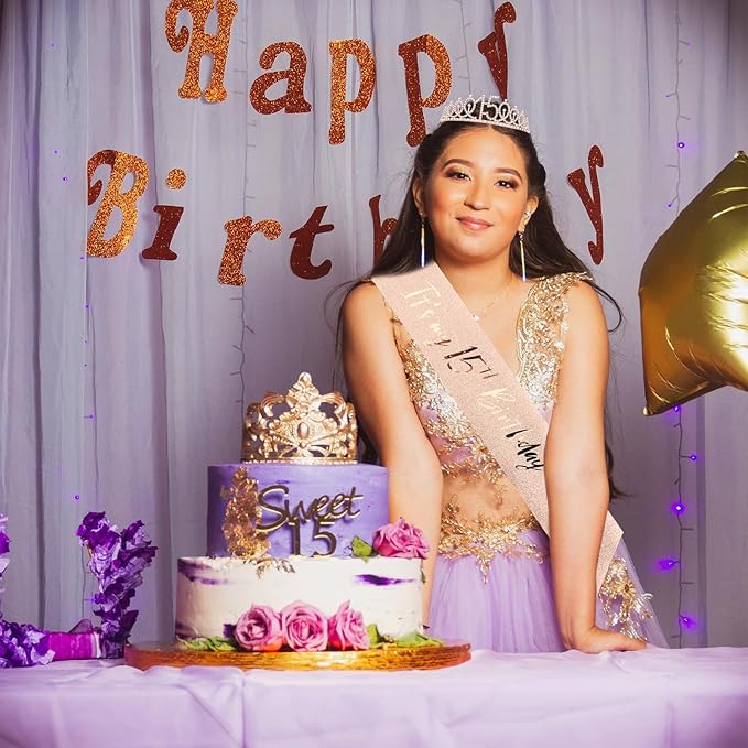 CIEHER 15th Birthday Crown + 15th Birthday Sash + Pearl Pin Set, 15th Birthday Gifts for Girls It's My 15th Birthday Decorations Women Happy 15th Birthday Party Supplies