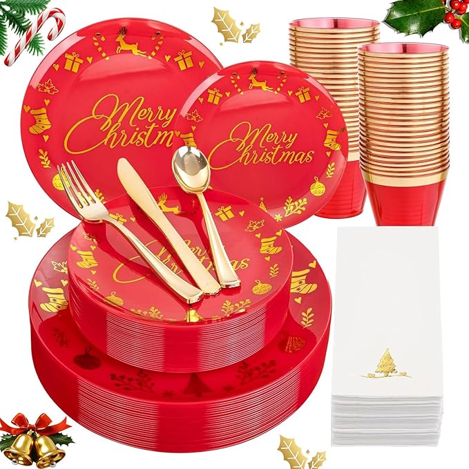 Ciaell 175 Pieces Christmas Plastic Plates - Red and Gold Plastic Plates include 25Dinner Plate, 25Dessert Plate, 25Knives, 25Forks, 25Spoons, 25cups, 25 Christmas Napkins for Xmas Party