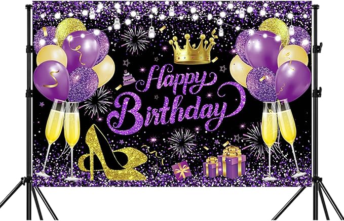 YinQin 180x120 cm Glitter Purple Golden Happy Birthday Party Backdrops Cloth 71x47 inch Photography Bday Backgrounds Black Purple Gold Happy Birthday Sign Banner Decorations for Girl Women