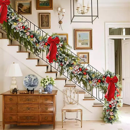 Christmas Garland with Lights 6.56FT Pre-Lit Flocked Garland with 50 LED Battery Operated 8 Lighting Modes - Red Berry & Christmas Ball Decor for Stairs Front Door Fireplace Christmas Decor