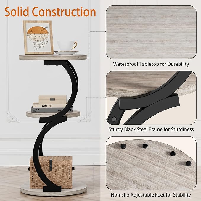 JUSTOGO Small Round Side Table, 3-Tier End Table for Living Room, Vintage Nightstand for Small Spaces Sofa Couch Corner Bedside Bedroom, S-Shaped Wood Accent Table Metal Coffee Table, Greige