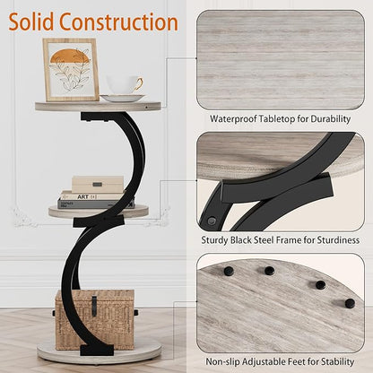 JUSTOGO Small Round Side Table, 3-Tier End Table for Living Room, Vintage Nightstand for Small Spaces Sofa Couch Corner Bedside Bedroom, S-Shaped Wood Accent Table Metal Coffee Table, Greige