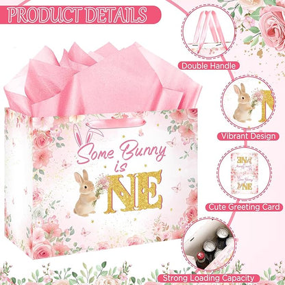 First Birthday Party Decorations for Girls Large Rabbit 1st Birthday Gift Bag Pink Bunny Floral Baby Shower Bag with Handles Tissue Paper Greeting Card for Christmas Some Bunny Is One Party Supplies