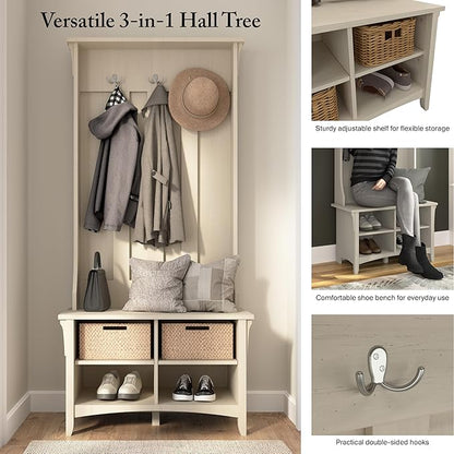 Bush Home Salinas Hall Tree with Shoe Storage Bench in Antique White, Multi-Purpose Home Organizer, Entryway Solution with Seating and Hooks