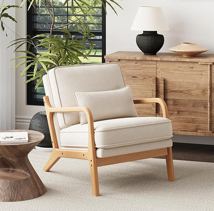 Mid-Century Accent Chair Set of 2 with Solid Wood Frame, Reading Relaxing Armchair Lumbar Pillow& Soft Cushion, Leisure Chair for Living Room, Bedroom, Waiting Room-Beige