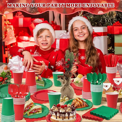 Vyntra 350 PCS Disposable Plates for Party, Paper Plates & Napkins Set with Cups, Knives, Forks, Spoons, 7'' Dessert and 9'' Dinner Plates for Christmas, Holiday Party - Red and Green