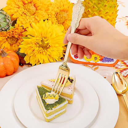 Liacere 400PCS Gold Plastic Silverware - Pre Rolled Napkins Disposable Gold Plastic Cutlery-Premium Quality Utensils-Includes 100Forks,100Knives,100Spoons,100 Napkins & Wedding & New Year