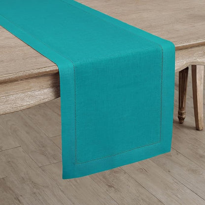 Solino Home Linen Hemstitch Table Runner 90 Inches Long - 100% Pure Linen Teal Table Runner 14 x 90 Inch for Fall, Autumn, Christmas, New Year - Classic Hemstitch