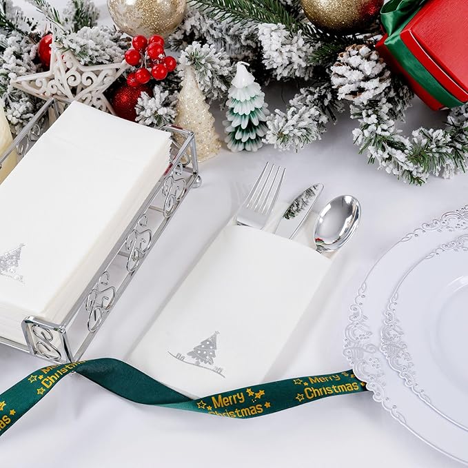 100PCS Christmas Paper Napkins - Silver Christmas Tree Napkin with Built-in Flatware Pocket Prefolded Cloth-Like - Heavy-duty Linen-Feel Dinner Napkins Disposable for Xmas Tableware Decor