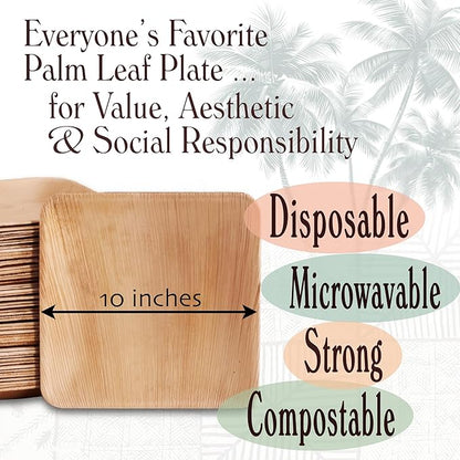 Disposable Palm Leaf Plates - 100 Pack - 10 Inch Square - Compostable & Biodegradable - Heavy Duty, Eco-Friendly, Microwave Safe - Like Bamboo Plates - Perfect for Events & Parties