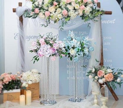 2Pcs 27.5in Tall Silver Elegant Wedding Decor Flower Centerpiece Road Leads with Chandelier Acrylic Crystal Weddings Decoration Centerpiece Stands