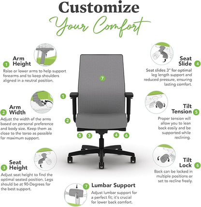 HON Ignition 2.0 Mid Back Task Chair, Advanced Synchro-Tilt Control, Office Chair with Lumbar Support, Height and Width Adjustable Arms, Black Frame, Frost
