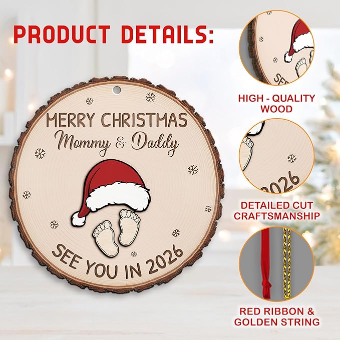 Baby Expecting See You in 2026, Merry Christmas Mommy and Daddy 2 Layered Wooden Ornament, Baby Coming Soon, Pregnancy Announcement Ornament