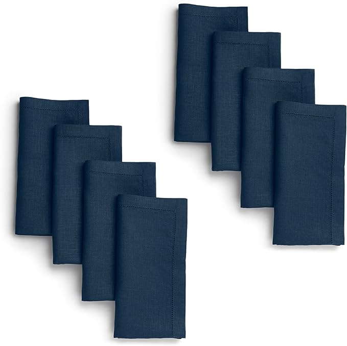 D'Moksha Homes Navy Blue Linen Napkins Set of 8 - Classic Hemstitch 100% Pure Linen Hemstitch Dinner Napkins 20 x 20 Inch for Winter, Christmas, Holiday - Handcrafted and Machine Washable