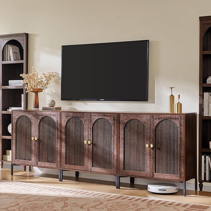 Modern Buffet Cabinet with Storage, 92.63" W Fluted Arched Sideboard Cabinet w/Adjustable Shelves, Wooden Modular Coffee Bar for Dining Room, Kitchen, Living Room, Entryway, Brown