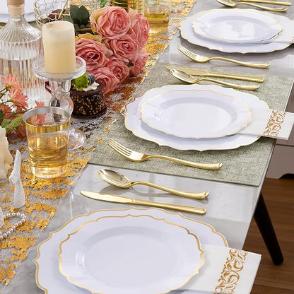 350 PCS Gold Disposable Plates, Scalloped Dinnerware Set for 50 Guests, 100 Plastic Plates, 150 Silverware, 50 Cups & 50 Paper Napkins, Gold