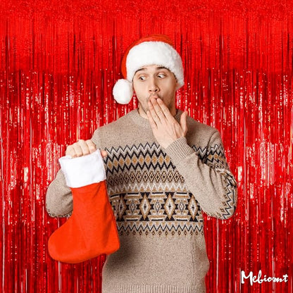 4 Pack 3.2Ft x 8.2Ft Red Fringe Curtain Backdrop, Sparkle Metallic Tinsel Foil Fringe Streamers Background for Photo Booth Birthday Wedding Baby Shower Halloween Christmas Party Decorations