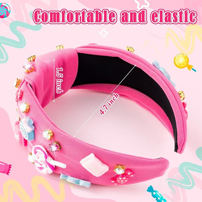 PANTIDE Candy Jeweled Knotted Headband - Christmas Sugar Lollipop Rhinestone Crystal Embellished Preppy Headband Wide Top Knot Fashion Hair Accessories Candyland Birthday Gift for Women Girls (Pink)