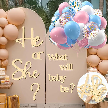 Large Wooden Gender Reveal Party Decor Backdrop Decals with 30 PCS Pink Blue Balloons He or She What Will Baby Be Balloon Arch Signs Colorable Boy or Girl Party Sticker Banner Baby Shower Photo Props