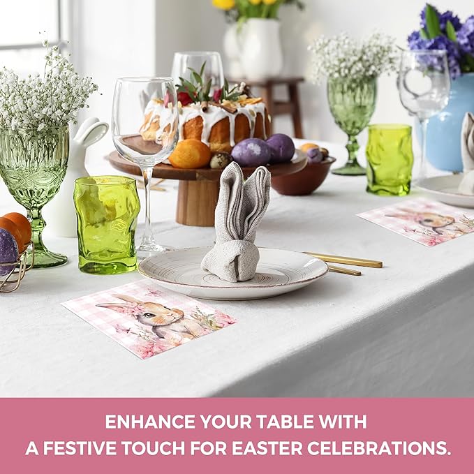 Cute Pink Bunny Paper Napkins, 50 Pcs, 3-Ply, 6.5 x 6.5 Inch, Disposable Rabbit Cocktail Napkins for Decoupage, Spring Holiday, Dinner Party, Wedding, Baby Shower, Birthday Party Decorations