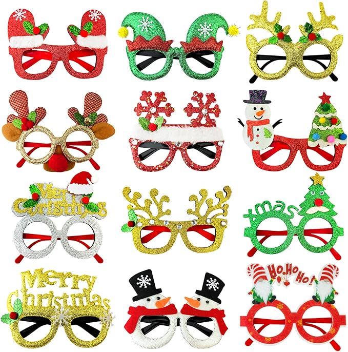 Christmas Accessories Bulk 24 Pack - Xmas Glitter Glasses Frames to Wear, One Size Holiday Eyeglasses Party Favors Supplies, Friendsmas Classroom Gifts Prizes Photo Props Decor for Costume