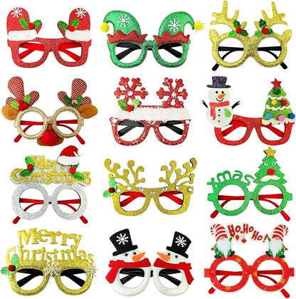 Christmas Accessories Bulk 24 Pack - Xmas Glitter Glasses Frames to Wear, One Size Holiday Eyeglasses Party Favors Supplies, Friendsmas Classroom Gifts Prizes Photo Props Decor for Costume