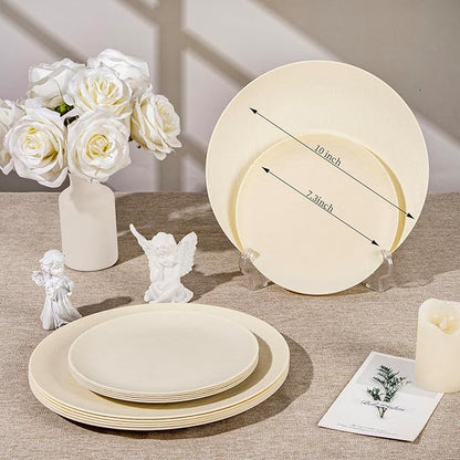 WONDERFUL 32pcs Heavy Duty Plastic Plates Reusable Unbreakable & Dishwasher safe Ivory Plastic Plates Dishes Set Wedding Plate Frosted Design Includes:16 Dinner 10" and 16 Dessert Plate 7.3"