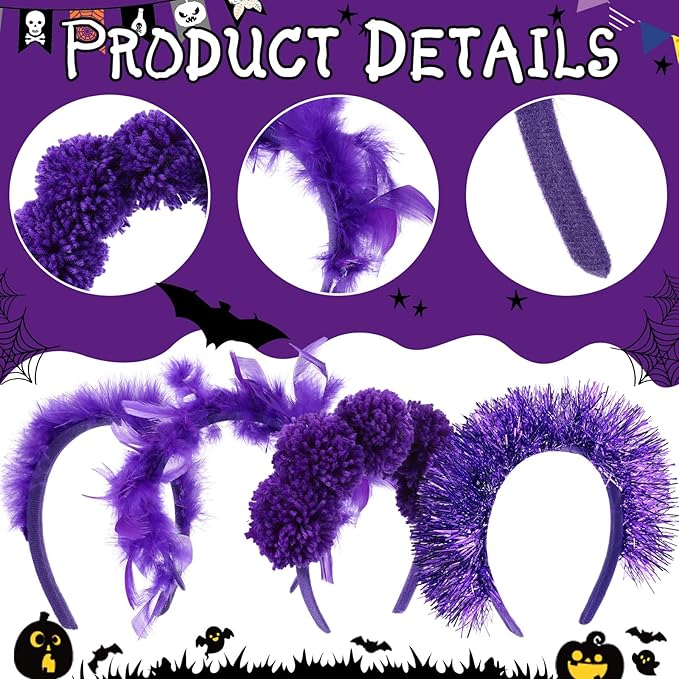 12 Pcs Christmas Fuzzy Pom Pom Headbands Fluffy Yarn Feather Tinsel Spirit Party Headwear for Birthday Festival