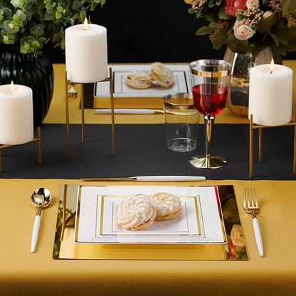 BloominGoods Plastic Disposable Square Dessert Plates | 50-Pack 6.5 inches White with Gold Rim Square Plates | Ideal for Weddings, Parties, Catering | Heavy Duty & Non Toxic