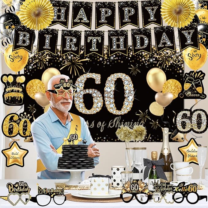 60th Birthday Decorations,39pcs-60th Birthday Decorations for Men & Women,Black Gold 60th Birthday Eyeglasses Decorations Banner Balloons Backdrop Hanging Swirls Paper Fans ,1965 Banner Party Supplies