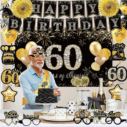 60th Birthday Decorations,39pcs-60th Birthday Decorations for Men & Women,Black Gold 60th Birthday Eyeglasses Decorations Banner Balloons Backdrop Hanging Swirls Paper Fans ,1965 Banner Party Supplies