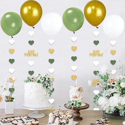Sage Green Just Married Wedding Party Decorations Gold/Green/White Heart Just Married Garland and Balloons for Wedding Bridal Shower Party