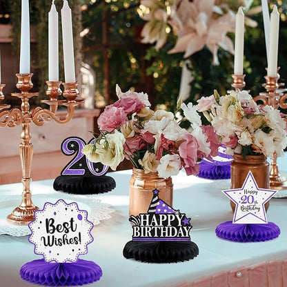 Happy 20th Birthday Decorations,20th Birthday Purple Glitter Shiny Stand Honeycomb Table Centerpieces - Cheers to Twenty Years Old Birthday Party Photoprop Gift Sign.