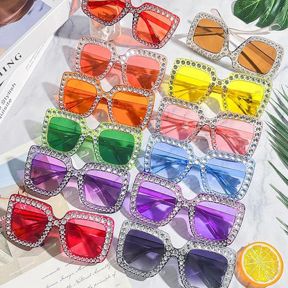 Pibupibu 12/24 Pack Fun Oversized Square Crystal Sunglasses for Women Bulk, Disco Rhinestone Sparkling Glasses Party Favors