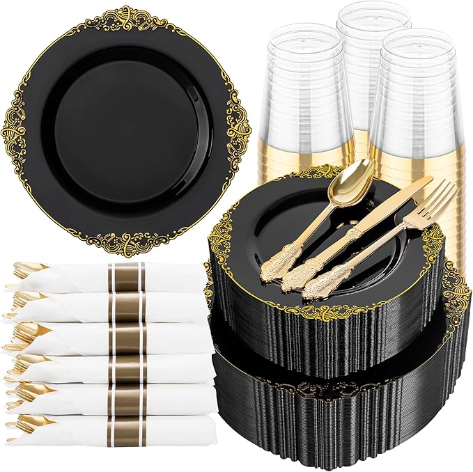 Hioasis 350pcs Black and Gold Plastic Plates - Diposable Dinnerware Set Suitable for 50 Guests Include 10.25" Dinner & 7.5" Dessert Plates, Pre Rolled Silverware Set, Cups for Party & Wedding