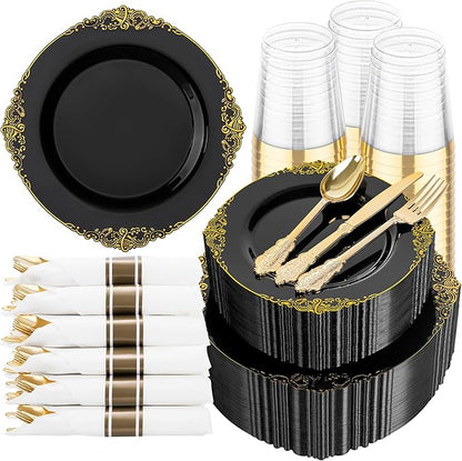 Hioasis 350pcs Black and Gold Plastic Plates - Diposable Dinnerware Set Suitable for 50 Guests Include 10.25" Dinner & 7.5" Dessert Plates, Pre Rolled Silverware Set, Cups for Party & Wedding