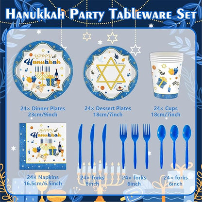 Hanukkah Plates and Napkins Set, Blue White Jewish Party Supplies for 24 Guests - Includes Disposable Paper Plates, Napkins, Cups & Cutlery for Hanukkah Decorations