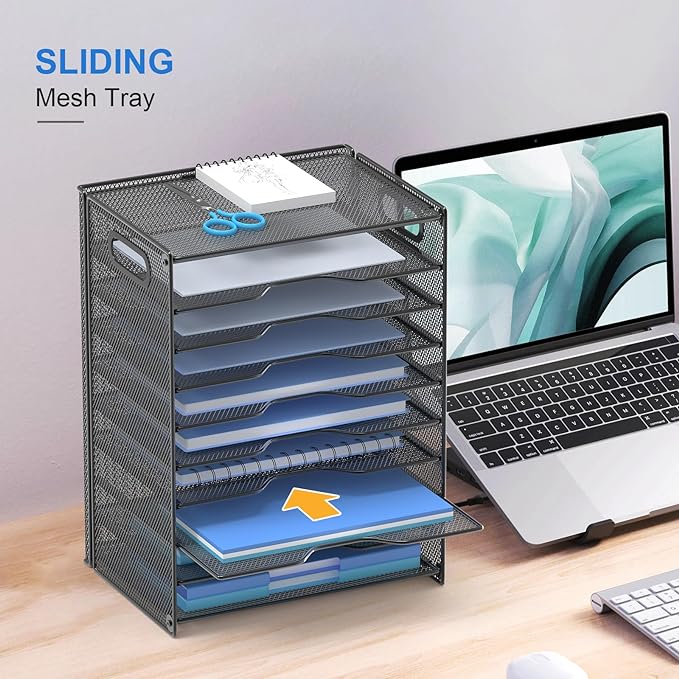 OUTWOLF 10 Tier Paper Organizer - Letter Tray Mesh Desk File Organizer with Handles for Office School Desktop, Black