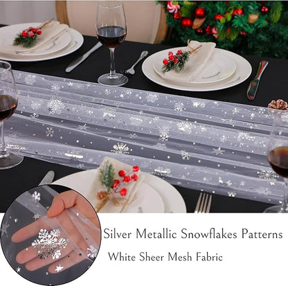 Snowkingdom Silver White Snowflake Table Runner 10 FT Christmas Sheer Chiffon Gauze Cheesecloth Runner, 120 Inch Winter Sparkly Sequin Party Dining Table Decorations for Christmas Holiday New Year