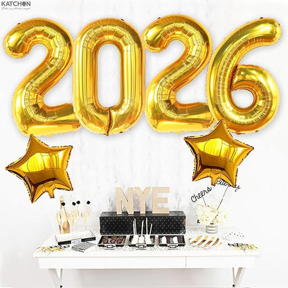 Katchon, Giant Gold 2026 Balloons - 40 Inch | Star Foil Balloons and Gold 2026 Balloon Number for New Years Decorations 2026 | NYE Decorations | New Year Balloon | New Years Eve Party Supplies 2026