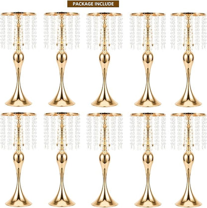LANLONG 10pcs Crystal Centerpieces for Tables Gold Flower Stand Tall Floral Centerpiece Riser for Wedding Reception Tables Decorations