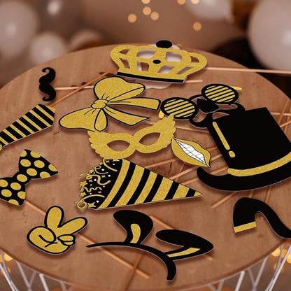 Photo Booth Props, Kaluofan 25PCS Black and Gold Party Decorations, Funny Photo Party Props Accessories for Adults and Kids, Photo Booth Props for Wedding Birthday Christmas New Year‘s Eve