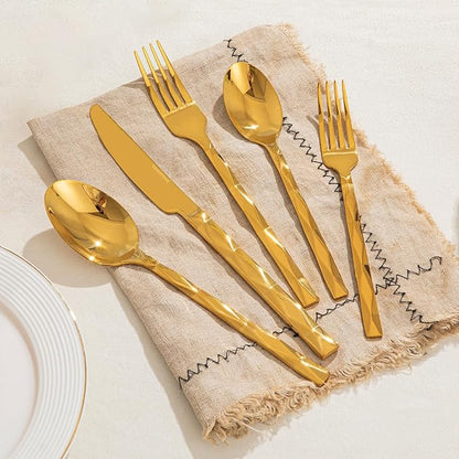 KINGSTONE Gold Silverware Set, Luxury 60 Piece Flatware Set for 12, 18/10 Stainless Steel Cutlery Set with Diamond Cut Pattern for Kitchen, Home, Wedding, Party, Mirror Polished and Dishwasher Safe