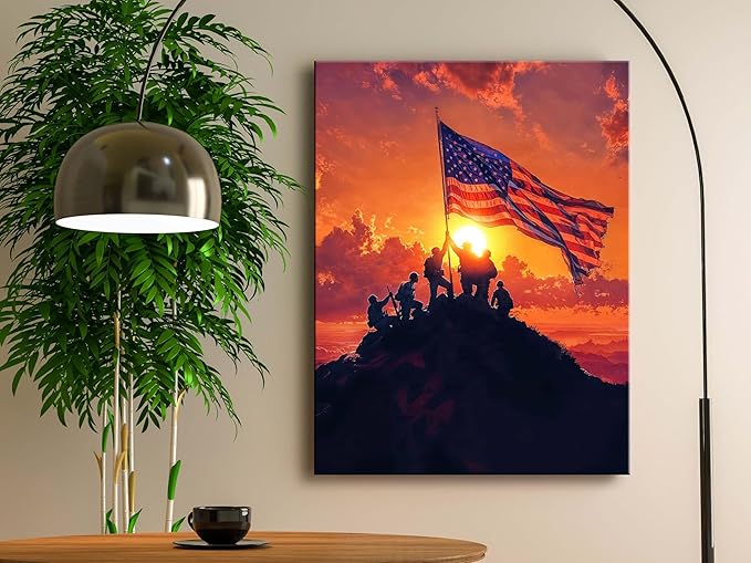 Ploceiny American july 4th Canvas Print Wall Art - Patriotic 4th of July USA Decorations, Soldiers Raising Flag on Mountain Sunrise, Veteran Memorial Gift, Independence Day Office & Home Decor, A-383